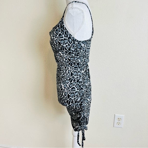 Grey Leopard Cheetah Cowl Neck Side Ruched Cami Mini Dress - Picture 2 of 3